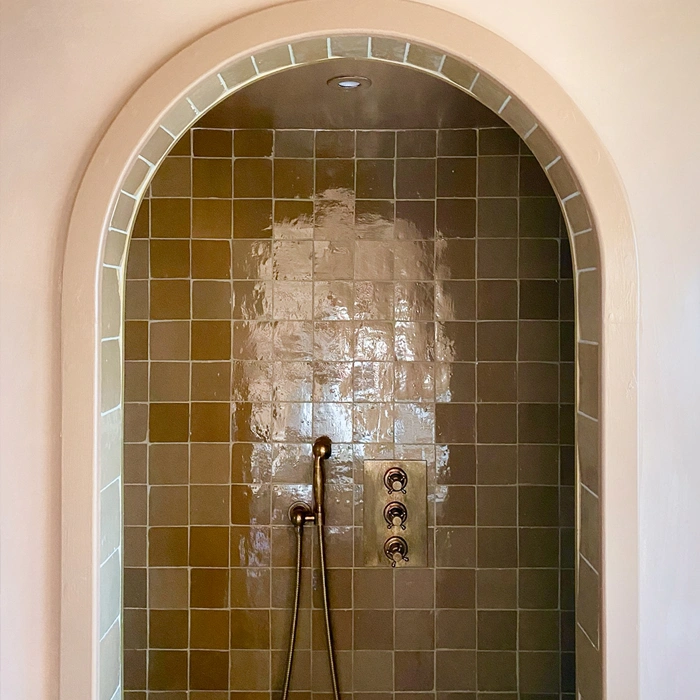 Brown shower featuring zellige tiles on wall and an arc 